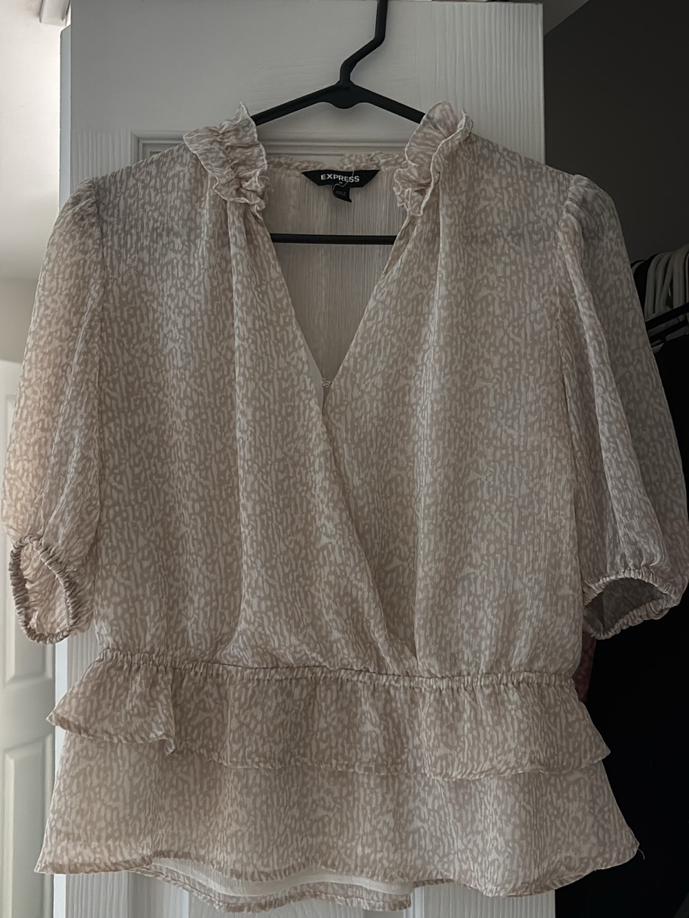 Express Cream Ruffle V-Neck Peplum Blouse